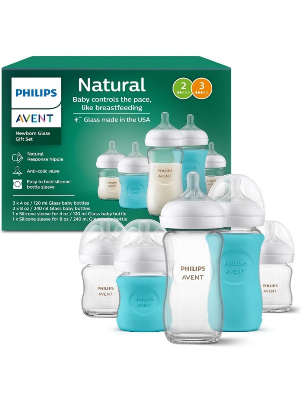 Natural Glass Newborn Gift Set - 5 Bottles & 2 Silicone Sleeves for Easy Feeding